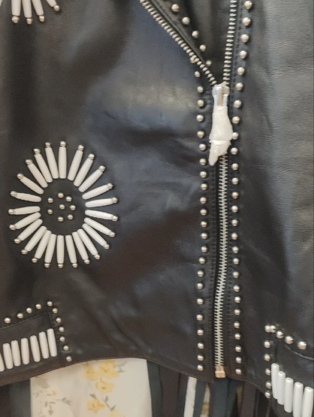 Nasty Gal Geunine Black Leather Moto Jacket with White Stud Sunburst Details